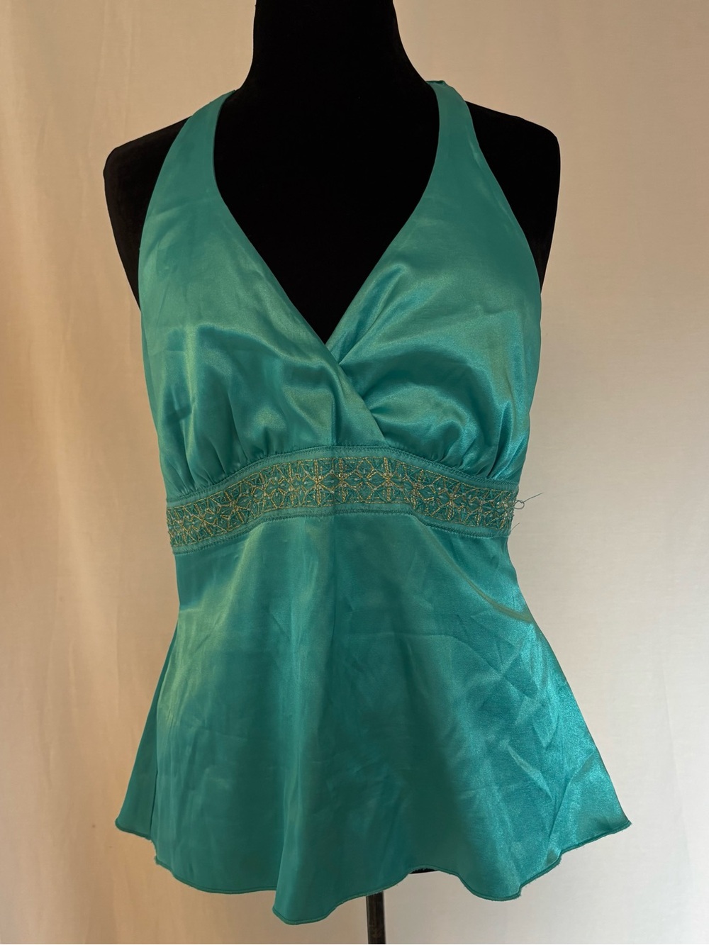 le chateau Turquoise Beaded Satin Halter Top XL Y2K Mermaidcore Beach Glam